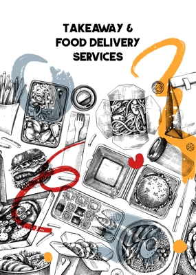 Collage style fast food restaurant flyer. Hand-drawn vector illustration. Burger, pizza box, paper bag, coffee cup sketch. Takeaway food or delivery menu design, poster template, trendy background